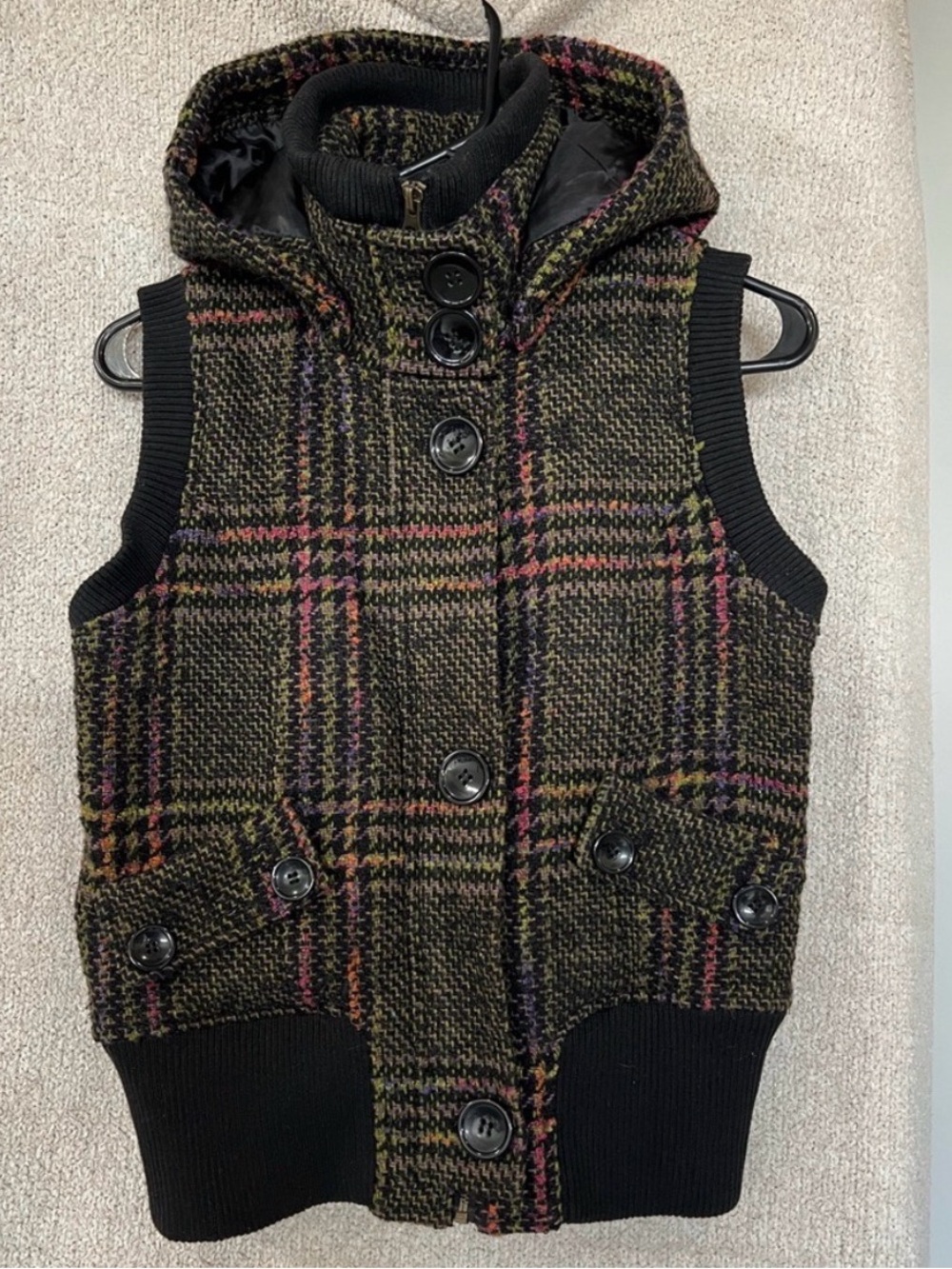 Daytrip Plaid Hooded Bib Vest in Black, Green, Pink